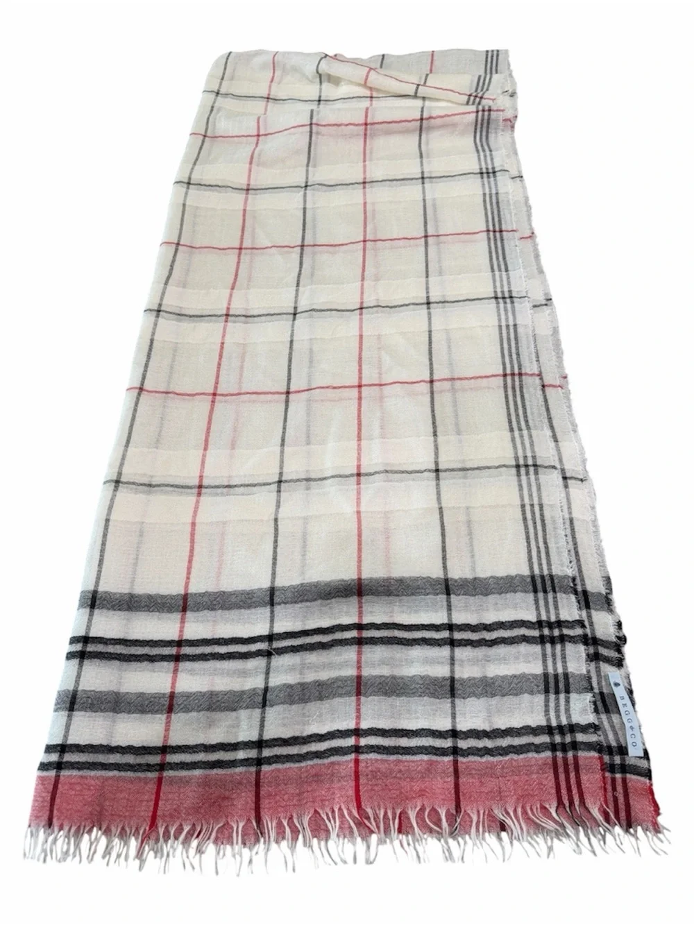 Like New Begg & Co luxury plaid scarf with fringed edges